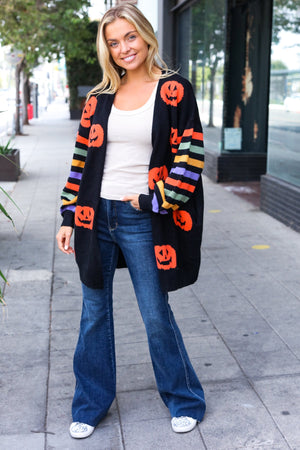 Pumpkin Multicolor Stripe Jacquard Knit Open Cardigan