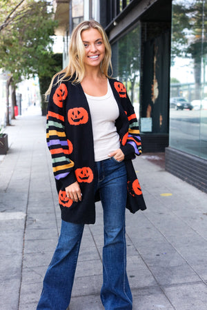 Pumpkin Multicolor Stripe Jacquard Knit Open Cardigan