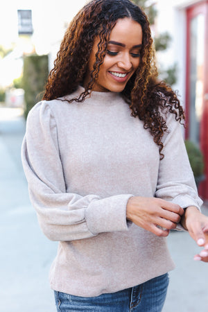 Stay Awhile Taupe Brushed Melange Puff Short Sleeve Sweater