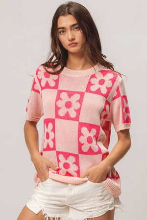 Flower Checkered Pattern Sweater - Pink