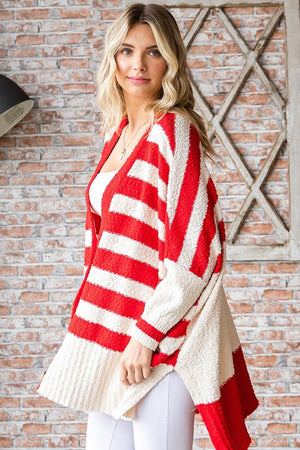 Textured Striped Button Down Cardigan - Red