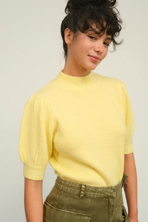 Mock Neck Puff Sleeve Sweater - Yellow