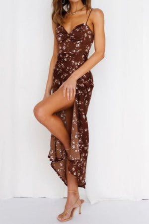 Satin Floral Print Maxi Dress - Black, Brown, Red