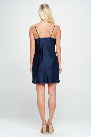 Solid Heavy Bias Cut Satin Slip Dress - Navy