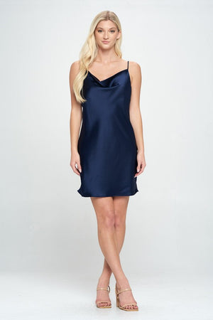 Solid Heavy Bias Cut Satin Slip Dress - Navy