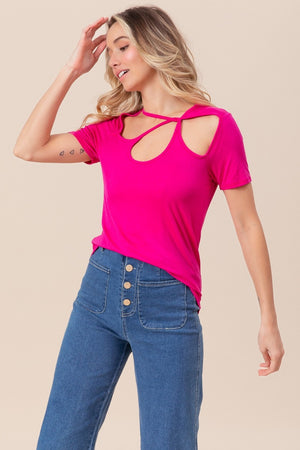 Cutout Neck Short Sleeve T-Shirt - Fuchsia