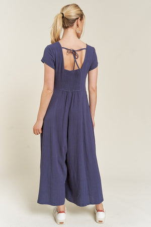 Linen Button Down Jumpsuit - Yellow, Navy