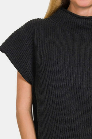 Short Sleeve Mock Neck Sweater - Black