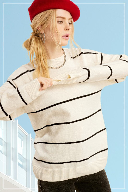 Timeless Striped Pullover Sweater - Baked Clay, Powder White