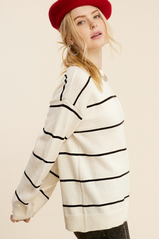 Timeless Striped Pullover Sweater - Baked Clay, Powder White