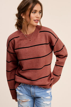 Timeless Striped Pullover Sweater - Baked Clay, Powder White