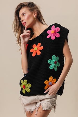 Flower Print Knit Top - Black