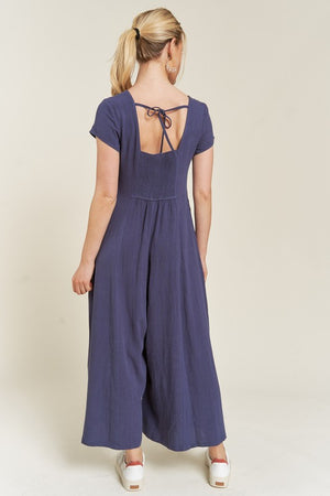 Button Down Linen Jumpsuit - Yellow, Navy - Plus Size