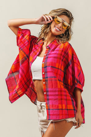 Dolman Sleeve Plaid Shirt