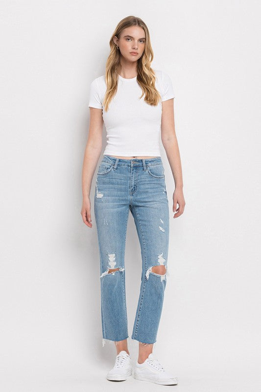 High Rise Distressed Cropped Straight Jeans - Flying Monkey