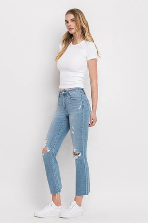 High Rise Distressed Cropped Straight Jeans - Flying Monkey