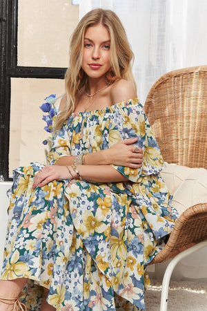 Layered Floral Off-Shoulder Short Sleeve Maxi Dress