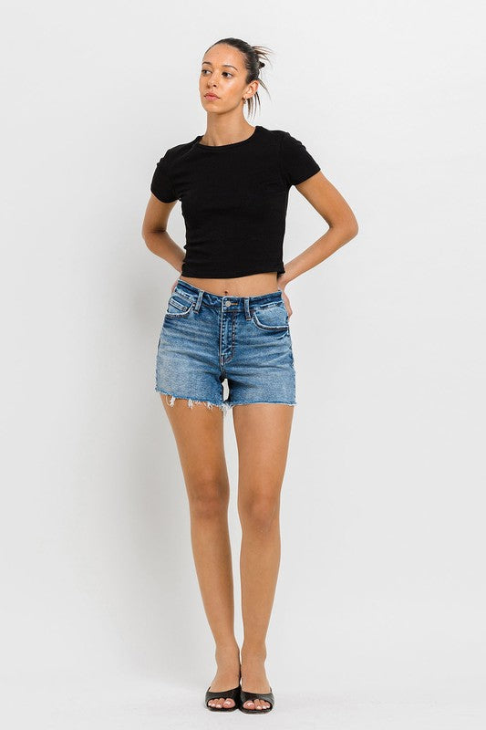 High Rise Raw Hem Denim Shorts - VERVET by Flying Monkey