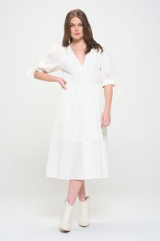 Puff Sleeve Button Down Midi Dress - Black, Off White - Plus Size