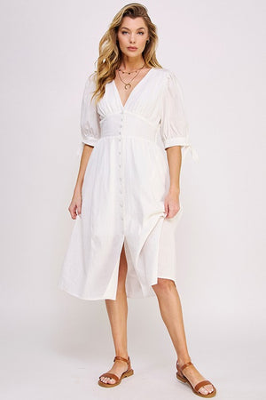 Textured V-Neck Button Down Midi Dress - Off White, Black