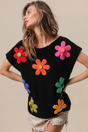 Flower Print Knit Top - Black