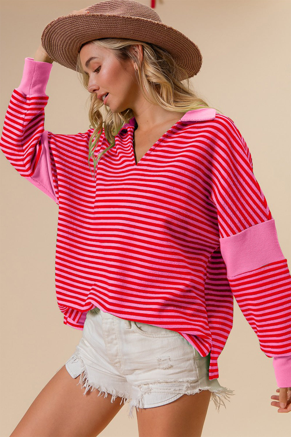 Striped Contrast Long Sleeve Knit Top - Pink