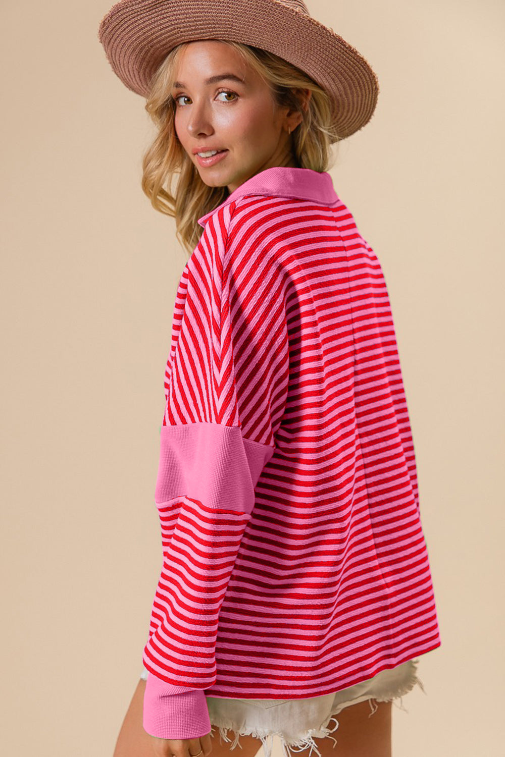 Striped Contrast Long Sleeve Knit Top - Pink