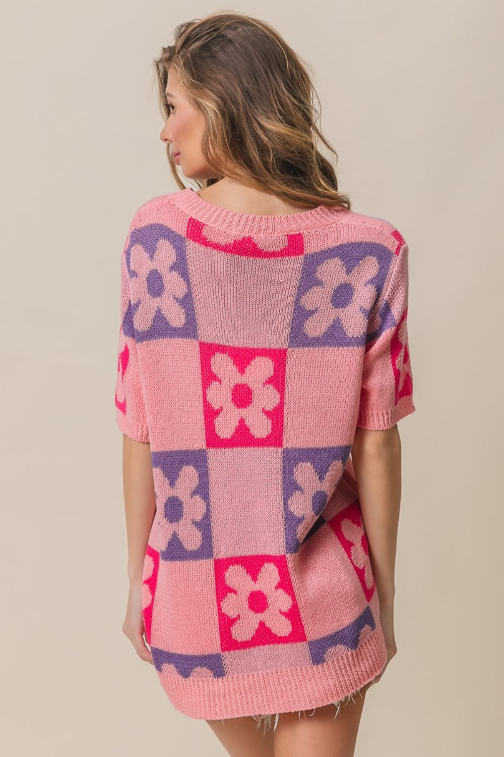 Flower Checkered Sweater - Pink/Periwinkle/Fuchsia