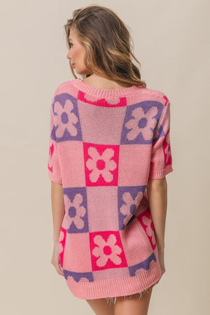 Flower Checkered Sweater - Pink/Periwinkle/Fuchsia