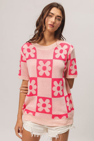 Flower Checkered Pattern Sweater - Pink