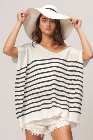 V-Neck Striped Short Sleeve Top - Black