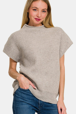 Short Sleeve Mock Neck Sweater - Mocha