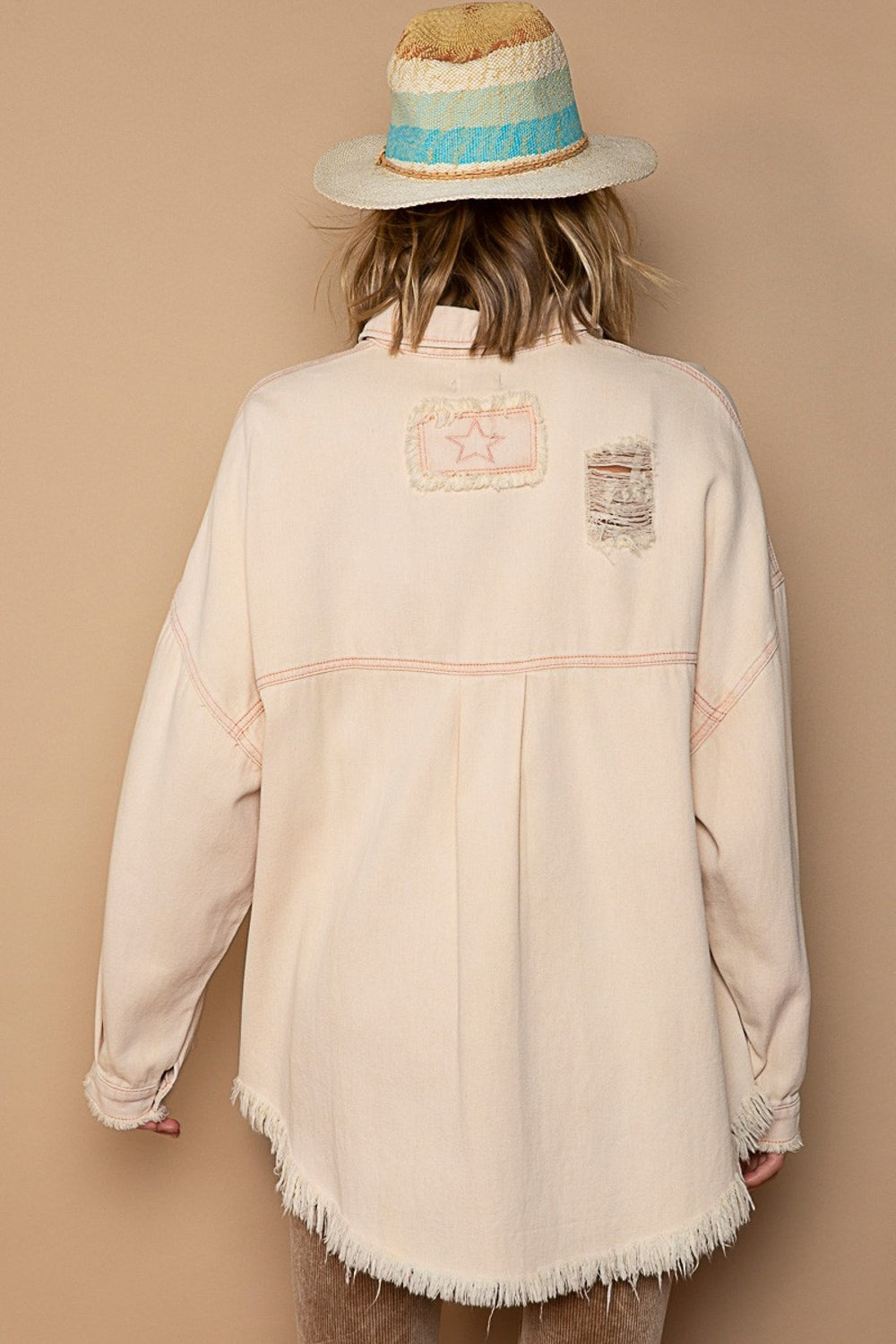 Button Down Raw Hem Distressed Shacket - Pink Beige