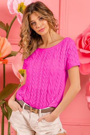 Cable Knit Short Sleeve Sweater - Fuchsia