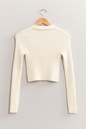 Ribbed Double Zip Cropped Cardigan - Cream