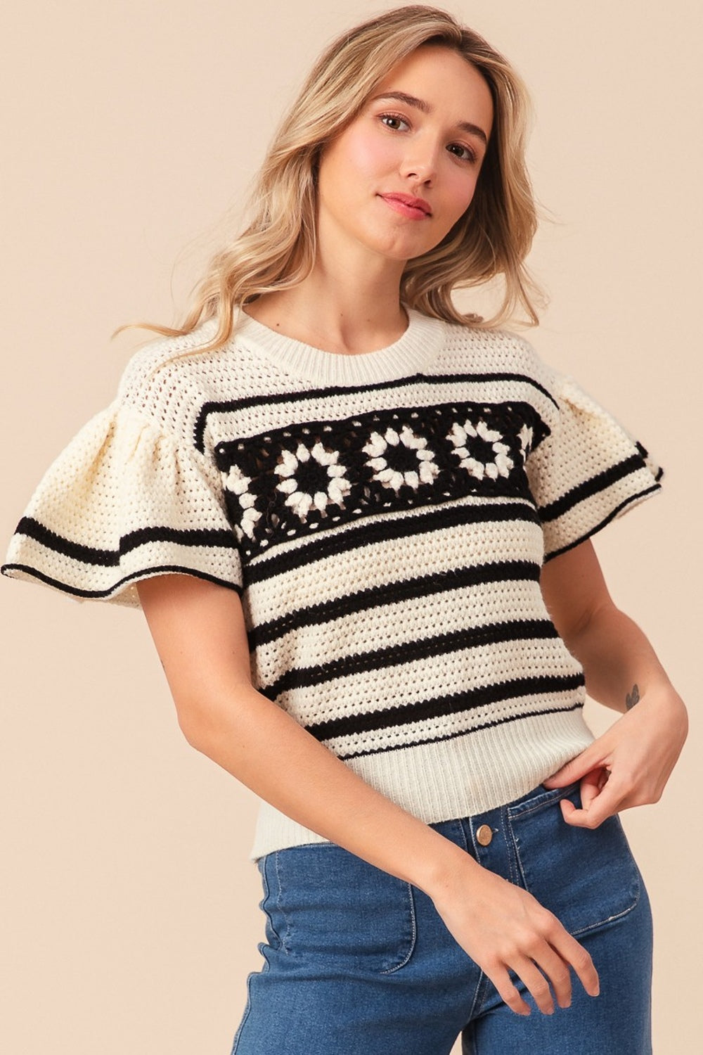 Crochet Short Sleeve Striped Sweater