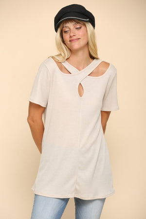 Crisscross Cutout Short Sleeve Top - Beige