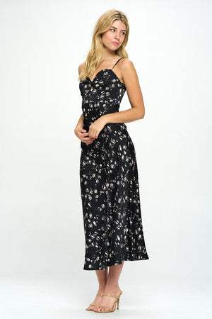 Satin Floral Print Maxi Dress - Black, Brown, Red