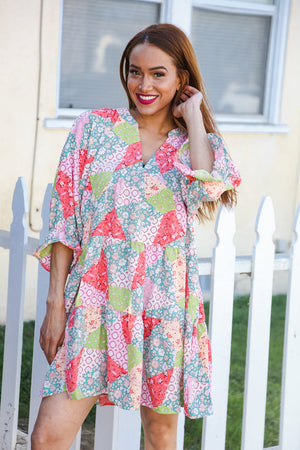 Look Of Love Lime & Coral Patchwork Print V Neck Dress