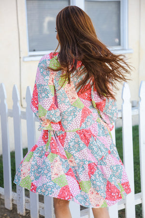 Look Of Love Lime & Coral Patchwork Print V Neck Dress