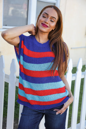 Forget Me Not Royal Blue Stripe Short Sleeve Dolman Sweater