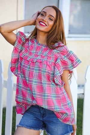 Live For Today Cotton Fuchsia Plaid Shirred Flutter Sleeve Top