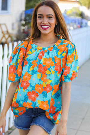 Vacay Ready Blue & Orange Floral Frill Mock Neck Top