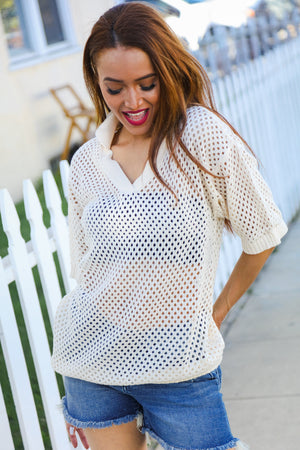 Can't Look Away Oatmeal Crochet V Neck Collared Top