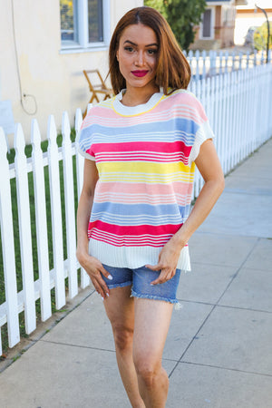 Feeling Playful Blue & Fuchsia Striped Short Dolman Sleeve Knit Top