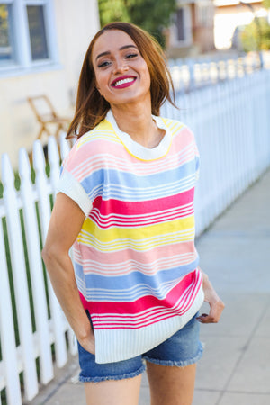 Feeling Playful Blue & Fuchsia Striped Short Dolman Sleeve Knit Top