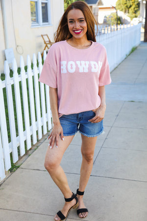 Pink Pop-Up Embroidered "HOWDY" Ribbed Top