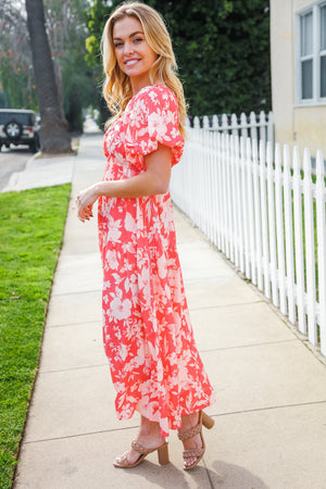 Hello Beautiful Coral Elastic V Neck Tiered Big Floral Maxi Dress