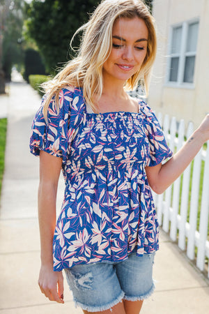 Blue & Pink Floral Square Neck Crinkle Smocked Top