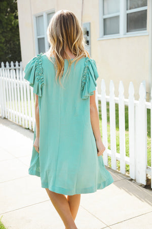 Out For The Day Sage Crinkle Woven Ruffle Sleeve Dress